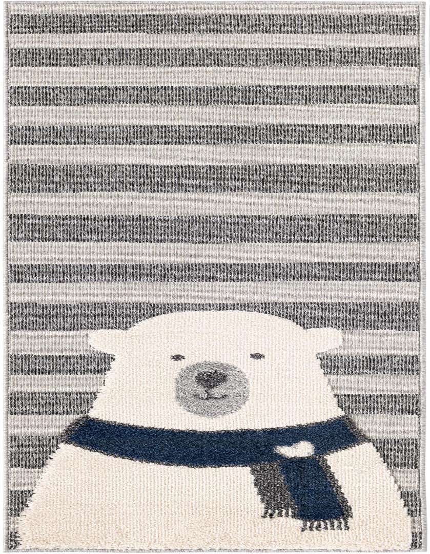 A gray and white striped runner rug featuring a large, friendly polar bear wearing a blue scarf, perfect for a child's room or hallway.