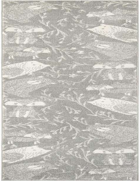 A 12 ft gray runner rug with a whimsical pattern of white owls and leafy branches, ideal for a hallway.