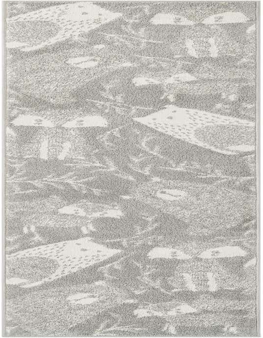 A gray and white modern runner rug with abstract shapes, perfect for a hallway or kitchen.