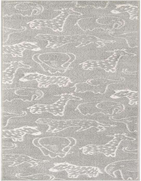 A 10 ft gray runner rug with a playful modern pattern of white outlined safari animals like giraffes, elephants, and zebras, perfect for a child's hallway.