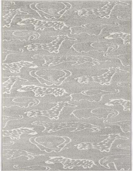 A 12 ft gray runner rug with a playful pattern of white outline safari animals like elephants, giraffes, and zebras.