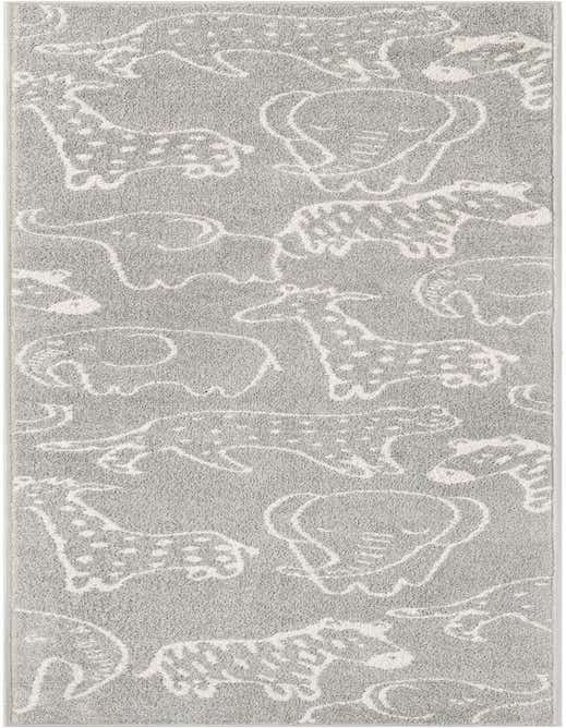 A gray 8 ft runner rug with playful white outlines of elephants, giraffes, and zebras, perfect for a child's hallway or play area.
