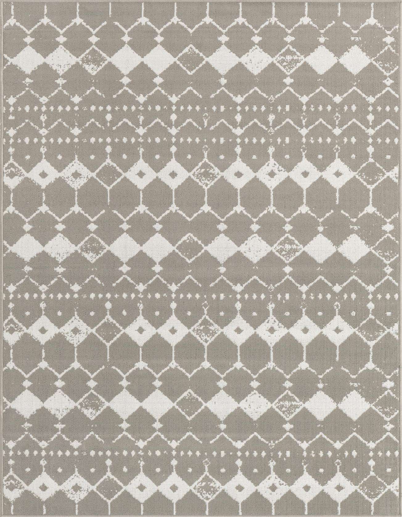 A rectangular 1' 3 x 1' 3 sample rug with a gray background and white transitional, bohemian-inspired geometric patterns.