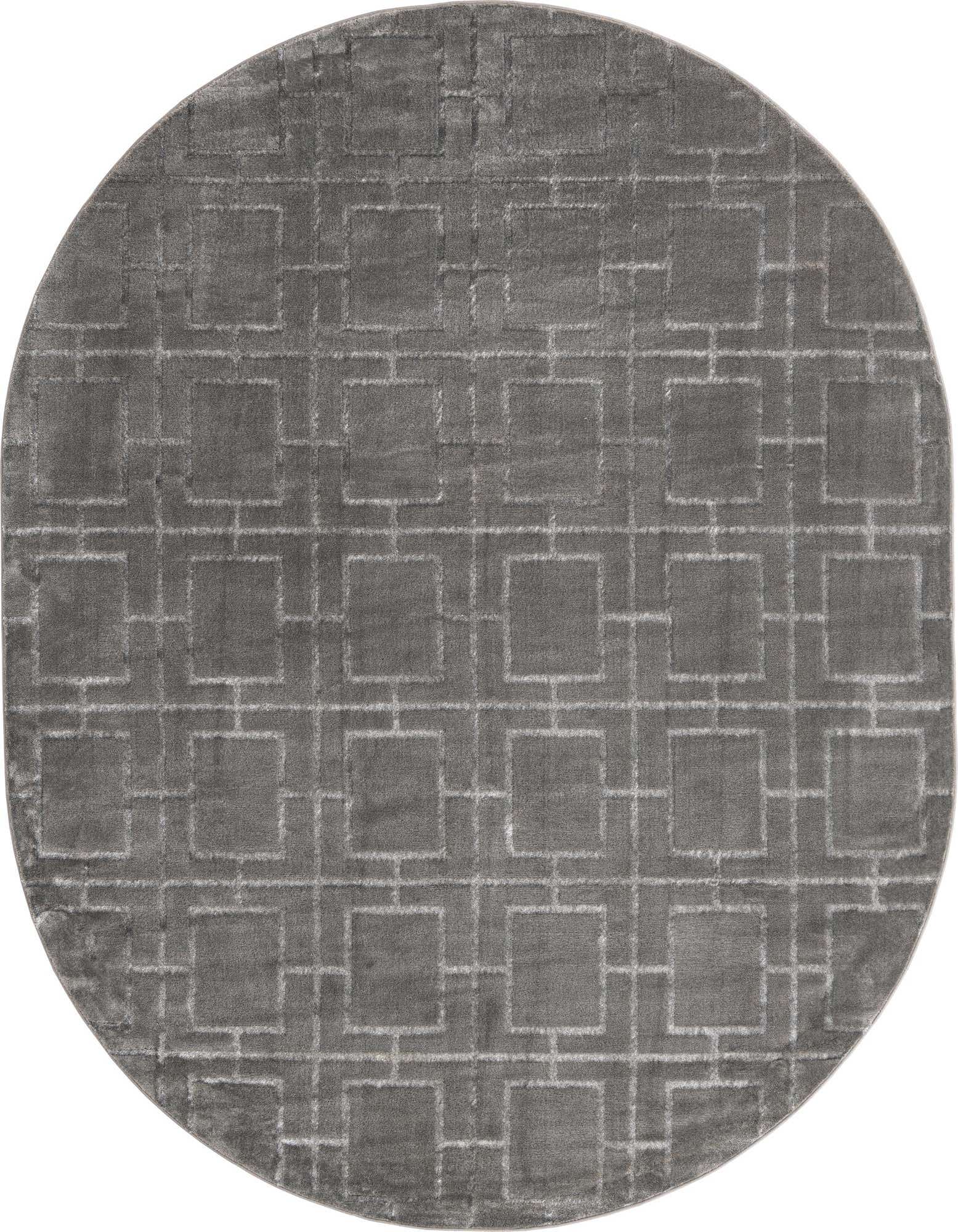 A 7' 10 x 10' 0 oval gray rug with a modern trellis pattern, featuring a textured high pile.