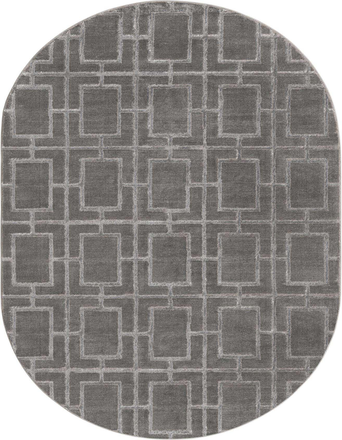 An oval gray area rug with a textured Hollywood Glam trellis pattern, featuring raised silver geometric squares.
