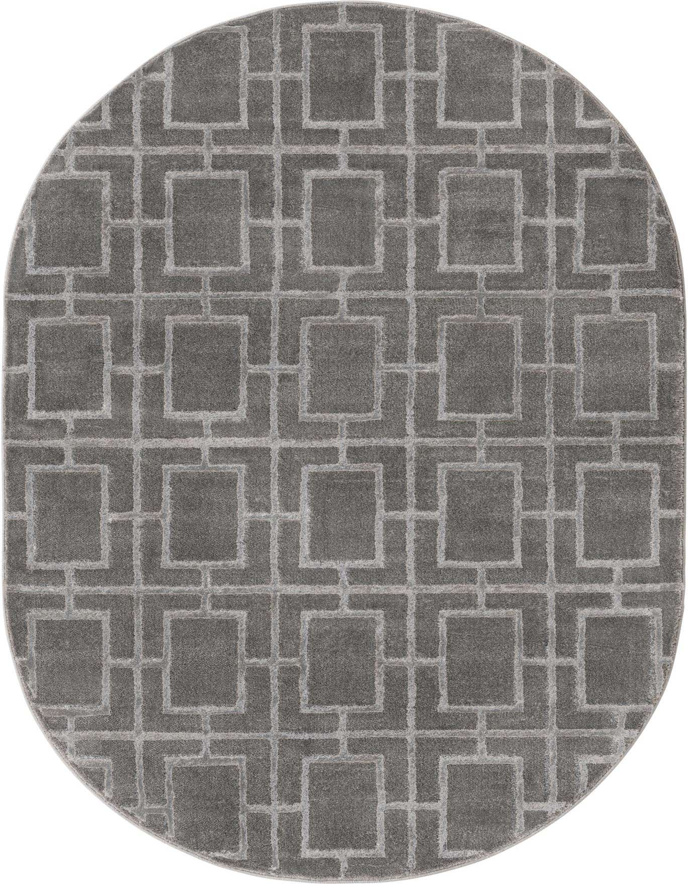 Oval gray area rug with a textured geometric trellis pattern, ideal for modern or Hollywood glam indoor spaces.