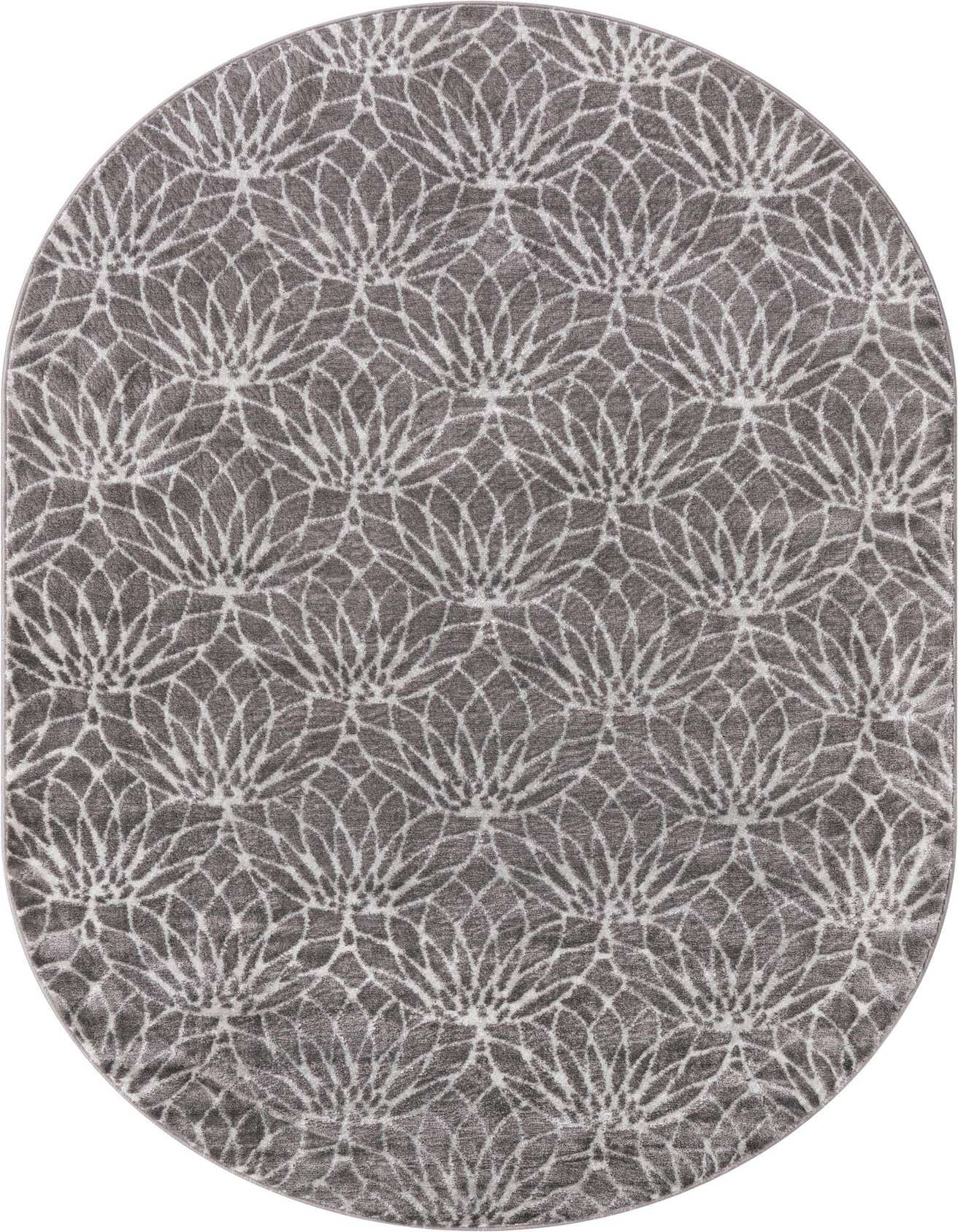 An oval gray and silver area rug featuring a modern floral trellis pattern, perfect for adding Hollywood glam to any indoor space.