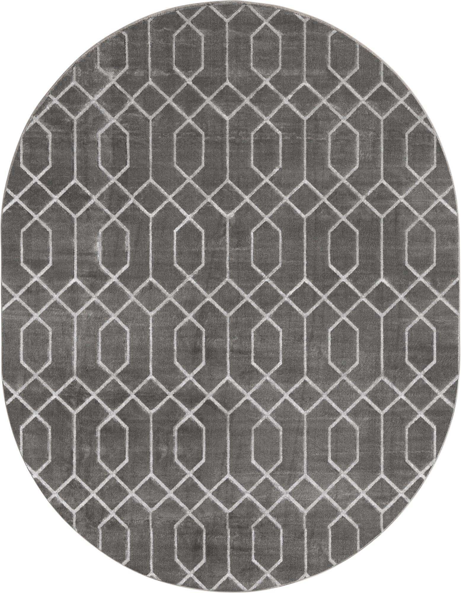 An oval gray rug with a repeating modern trellis pattern in lighter gray, showcasing a textured pile.