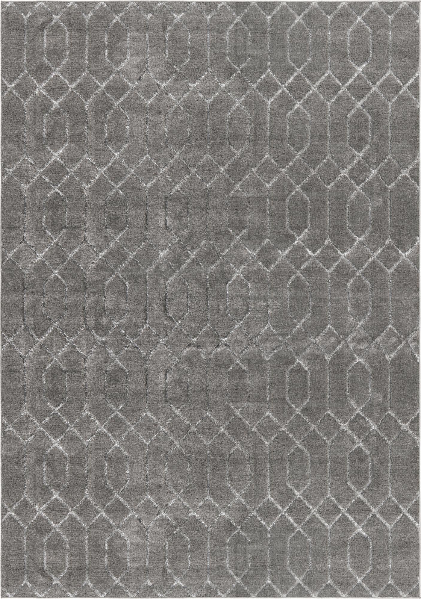 A 10x14 rectangular gray area rug with a textured Hollywood Glam trellis pattern, suitable for indoor spaces.