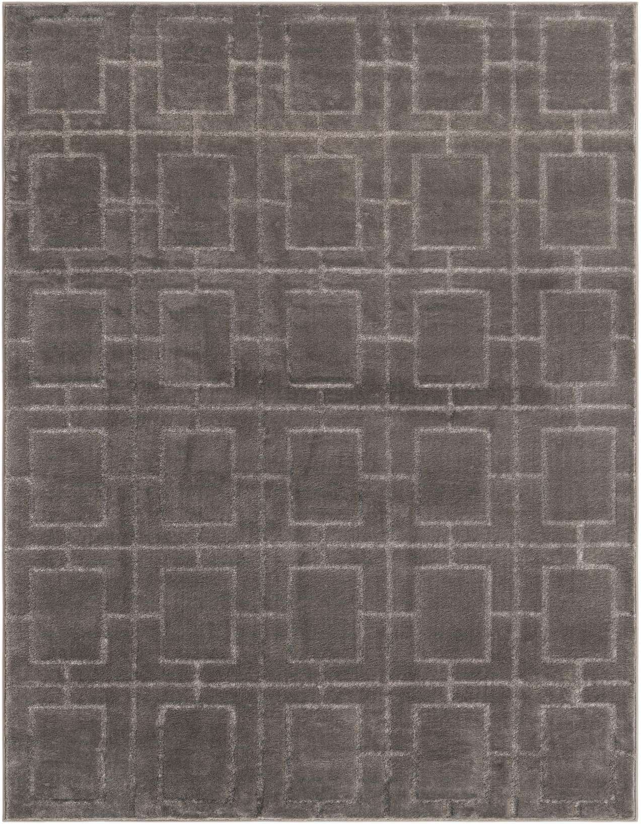 A 5x8 rectangular gray area rug with a textured high pile and a modern trellis pattern, perfect for a living room.