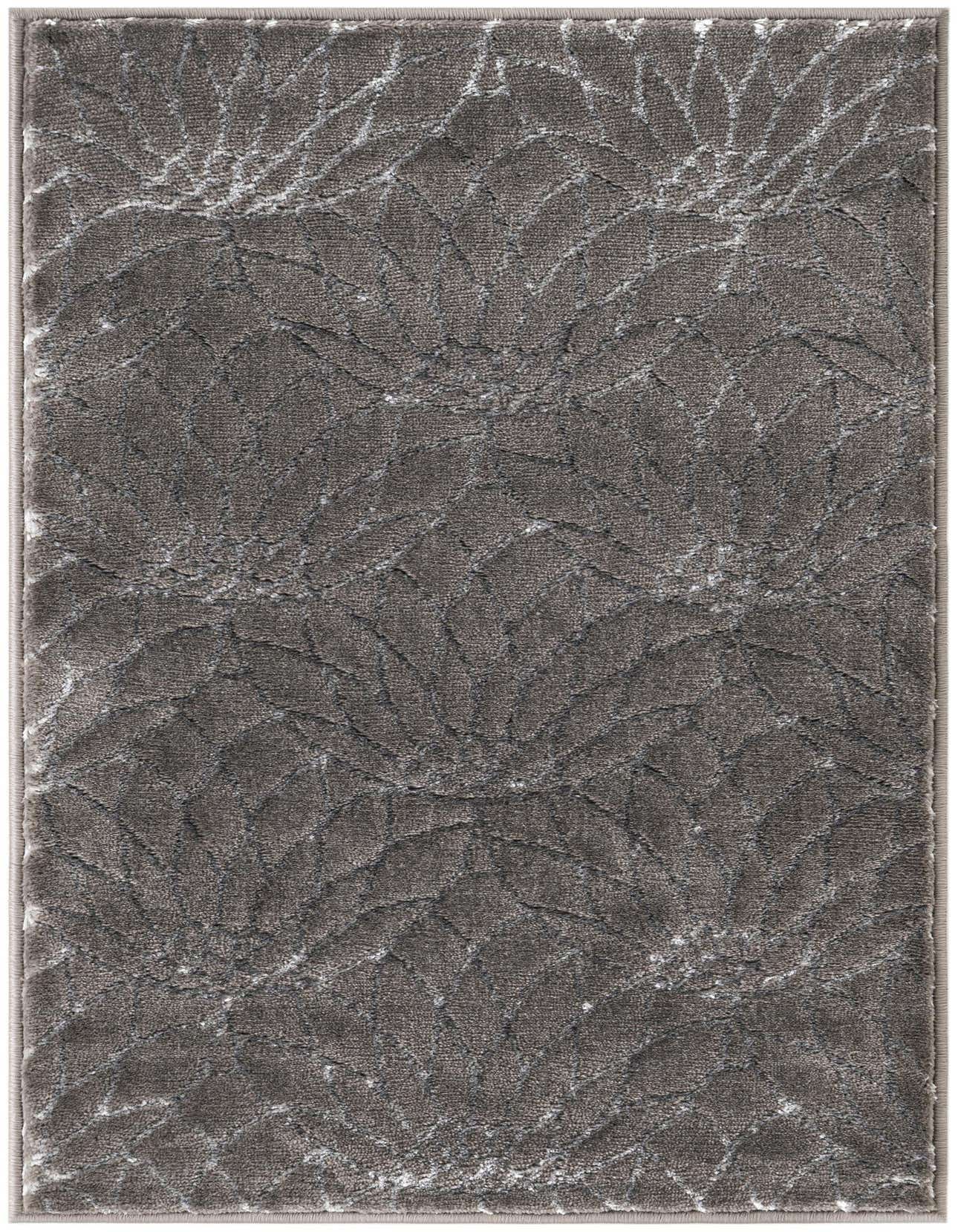 A 2x3 rectangular gray area rug with a subtle, textured floral pattern in varying shades of gray and silver, suitable for an indoor space.
