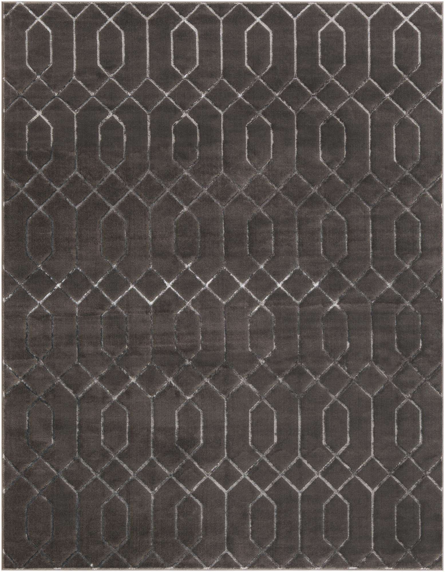 An 8x10 rectangular gray area rug with a modern Hollywood Glam trellis pattern, featuring a textured high pile.