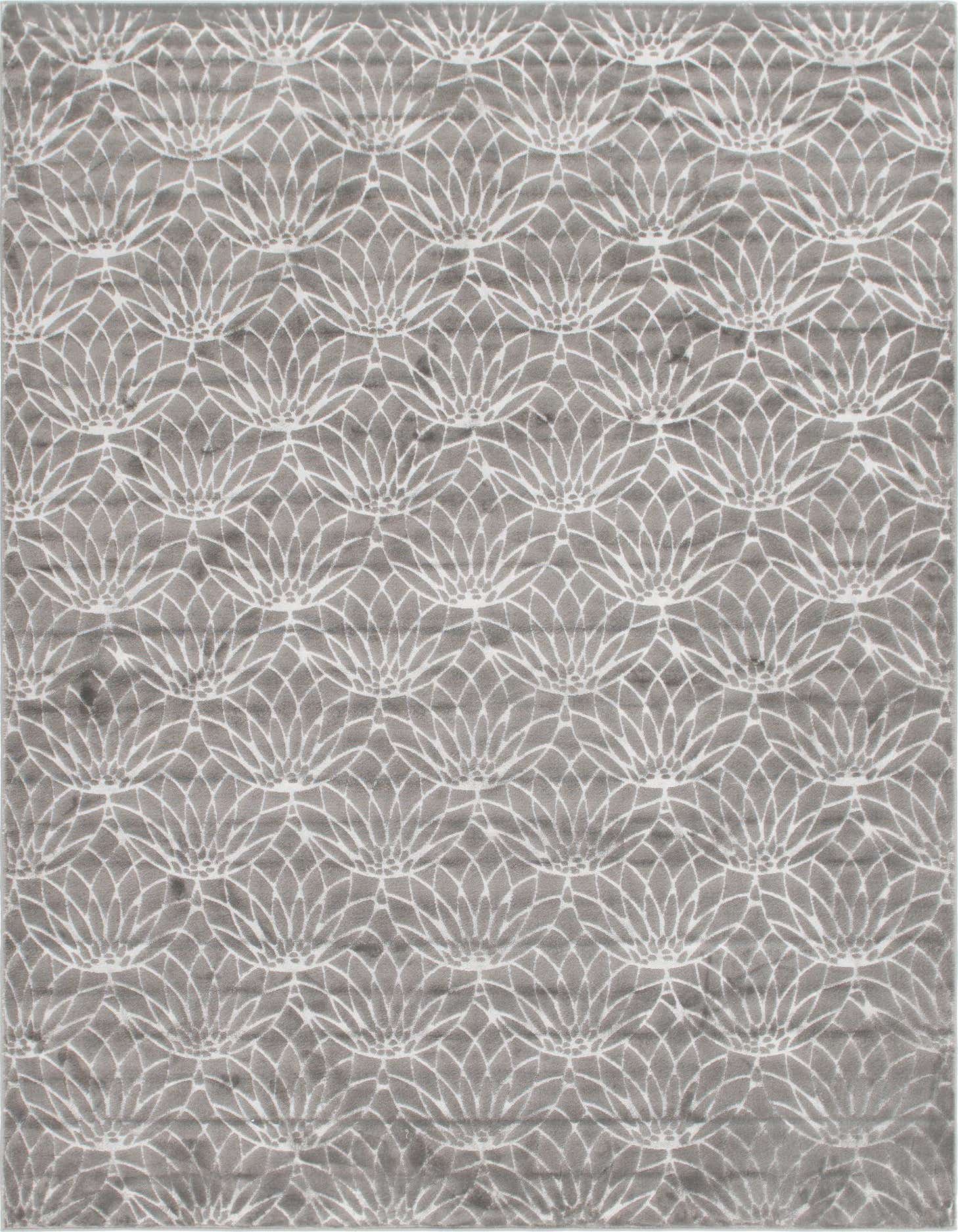 A 10x14 rectangular gray area rug with a repeating white floral trellis pattern, showcasing its textured pile.