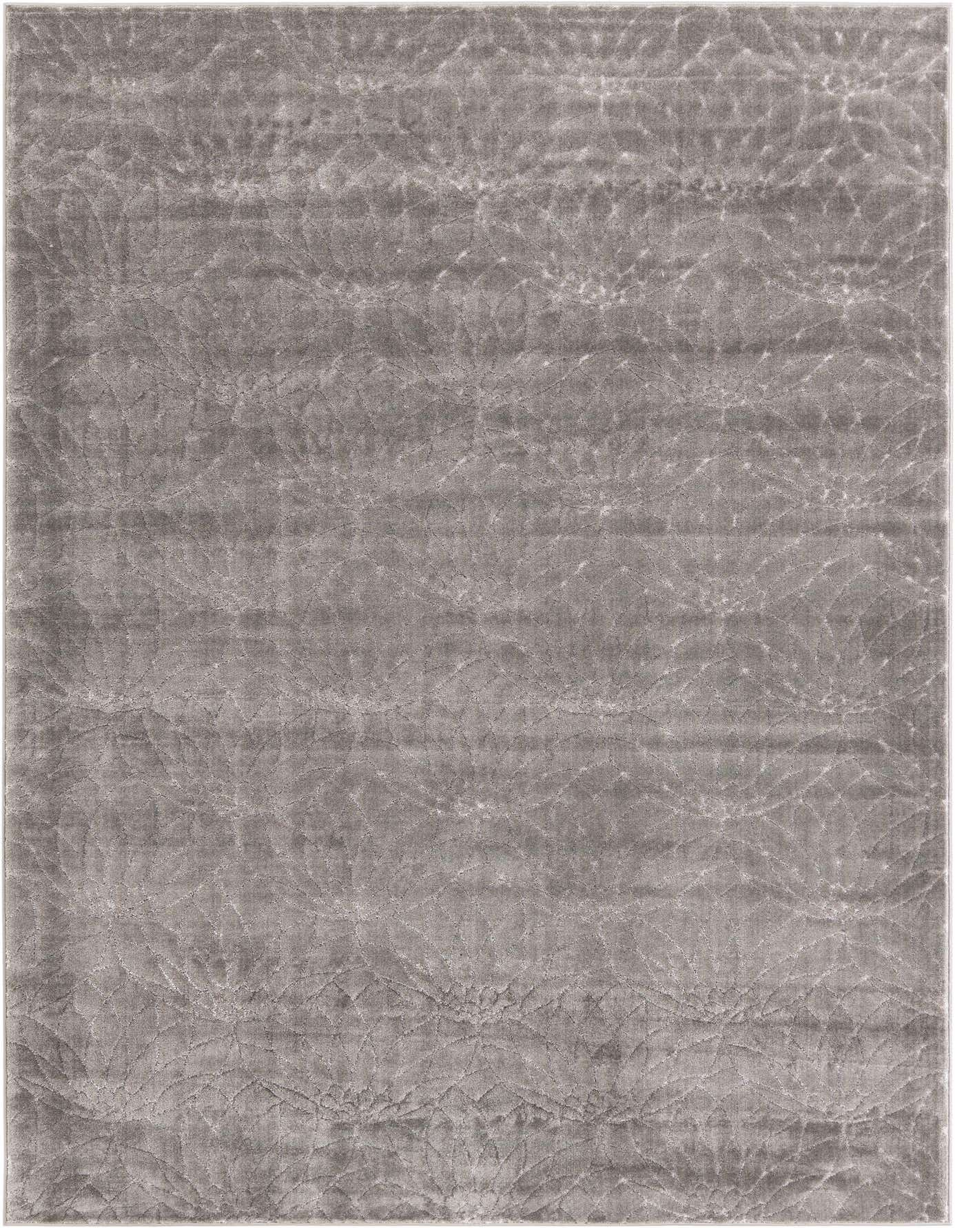 A 7x10 rectangular gray area rug featuring a subtle, textured floral pattern, ideal for a modern living room.