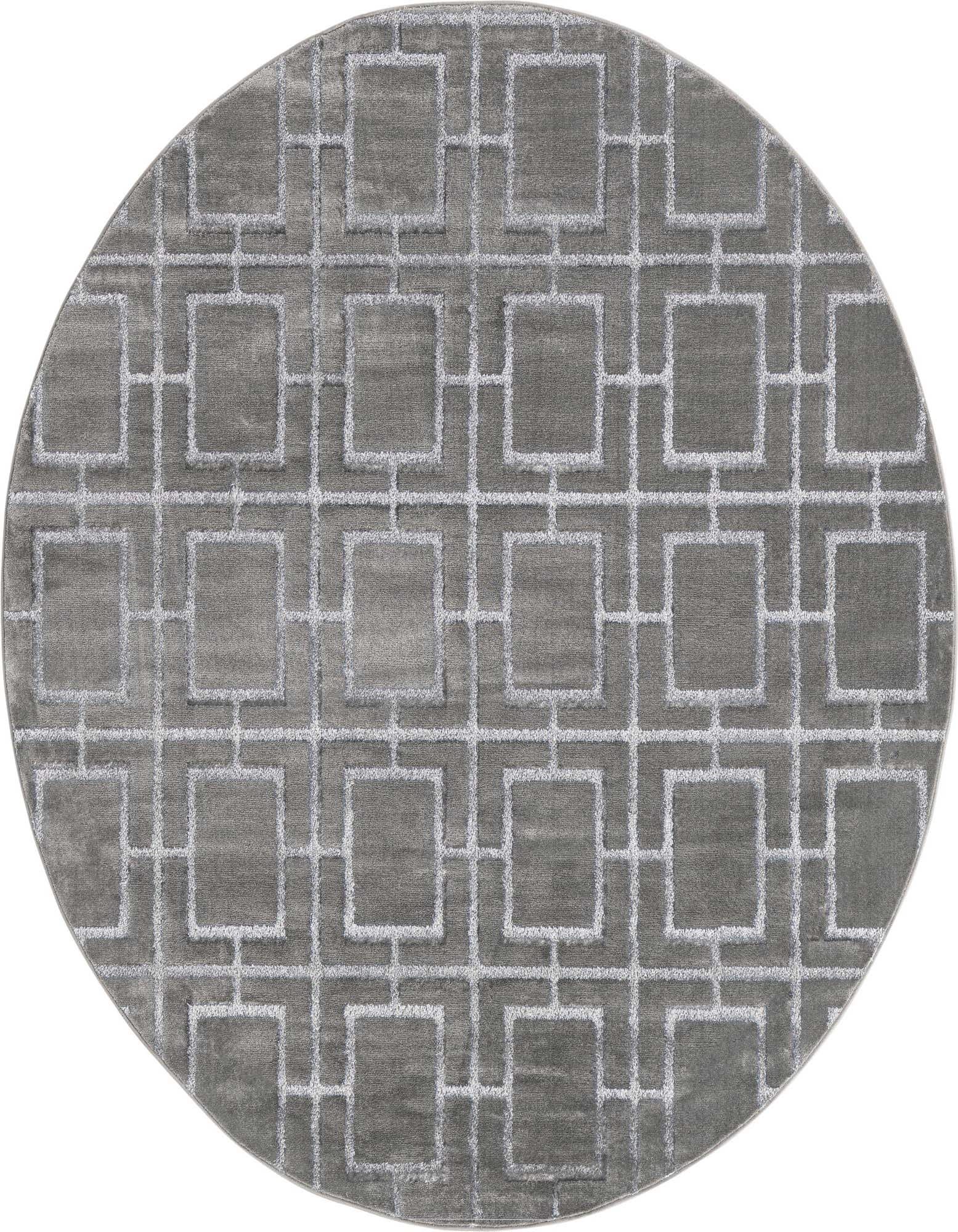 A 7' 10 round gray area rug with a modern Hollywood Glam trellis pattern in varying pile heights.