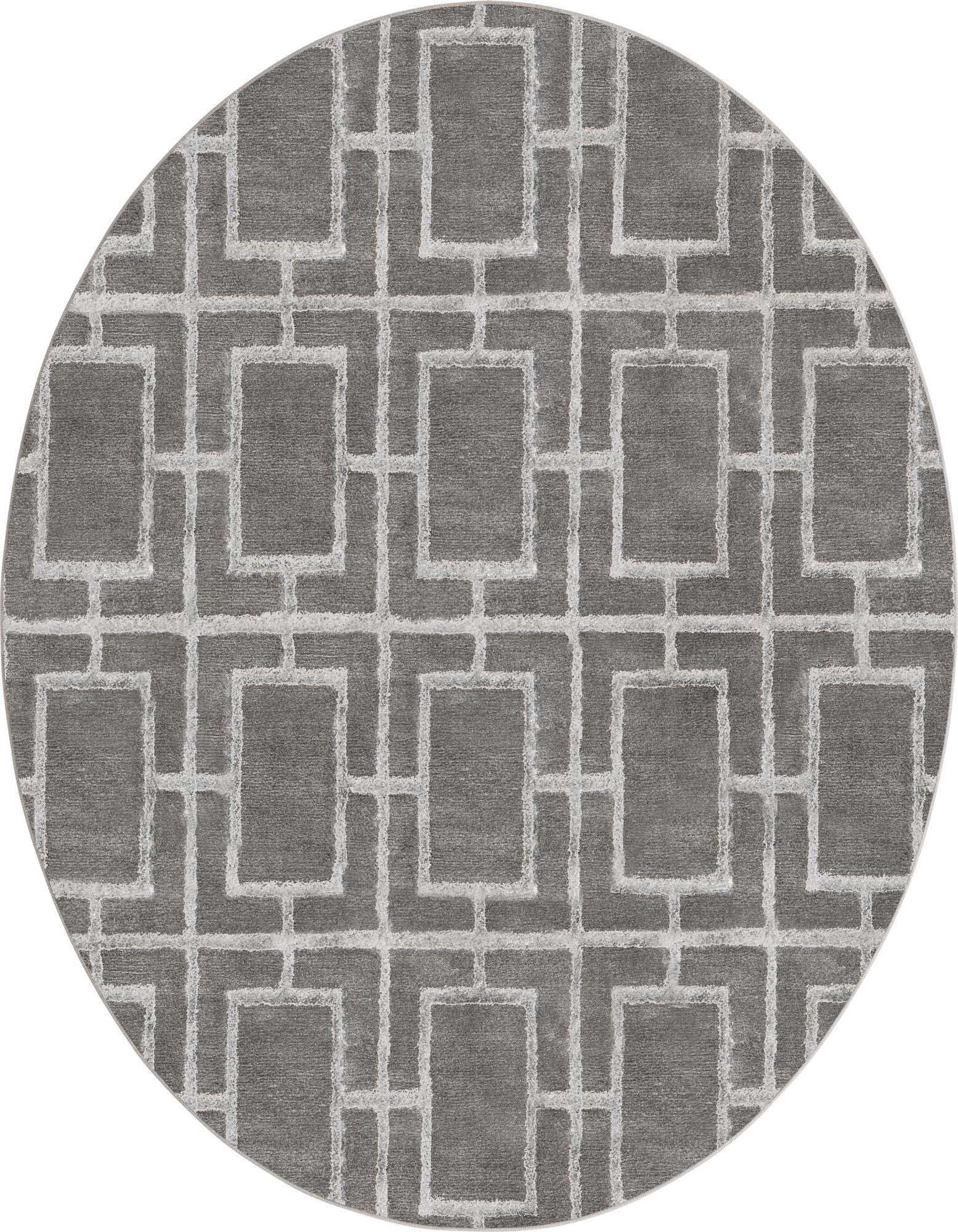 A 5' 3 round gray rug featuring a modern Hollywood Glam trellis pattern with textured silver lines.