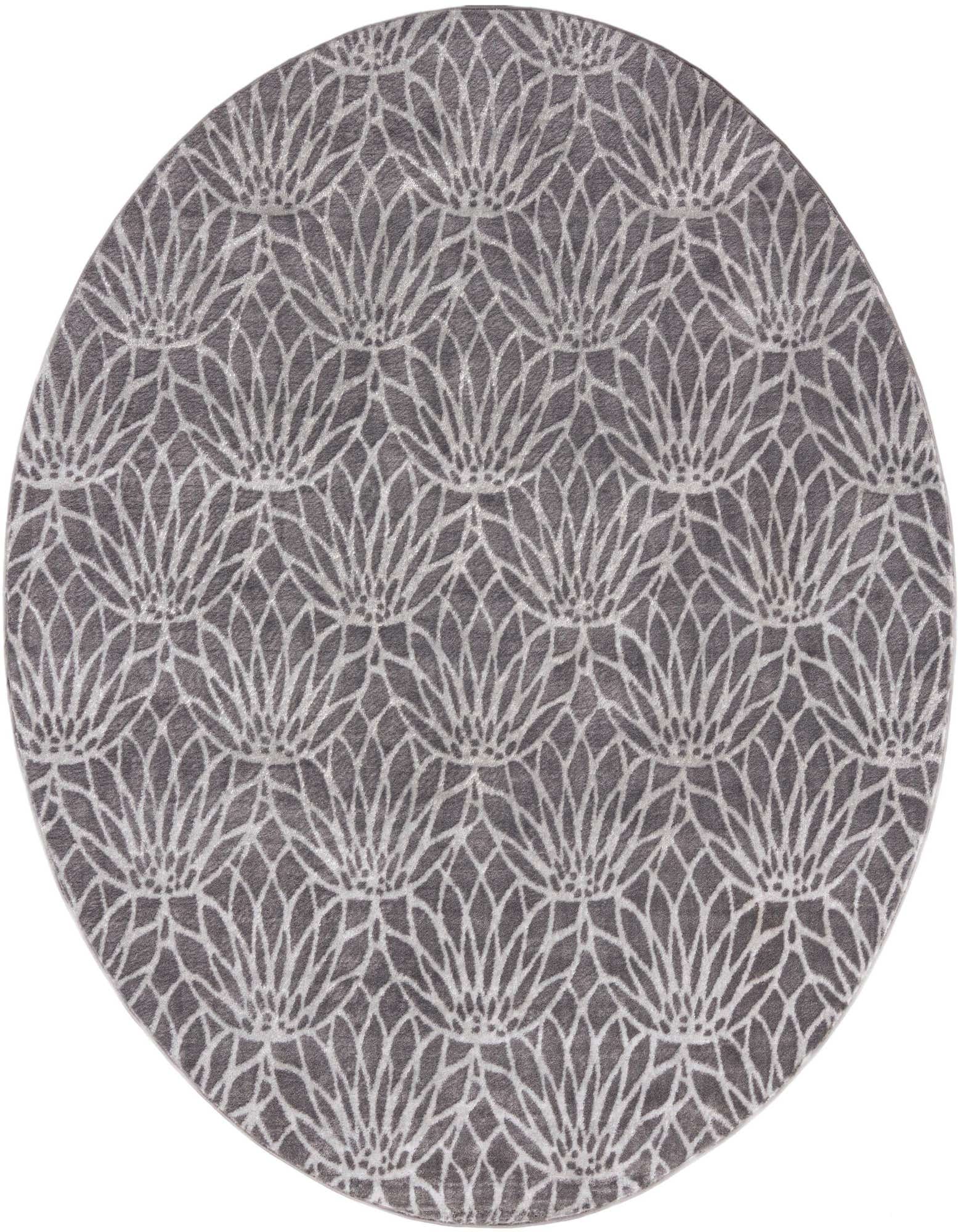 A round 7' 10 x 7' 10 gray rug with a repeating modern floral trellis pattern in silver-white, on a white background.