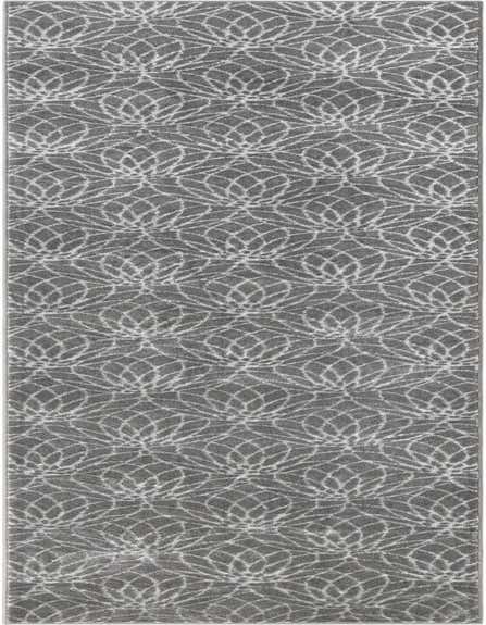 A long gray runner rug with a repeating modern floral trellis pattern in lighter gray, ideal for a hallway.
