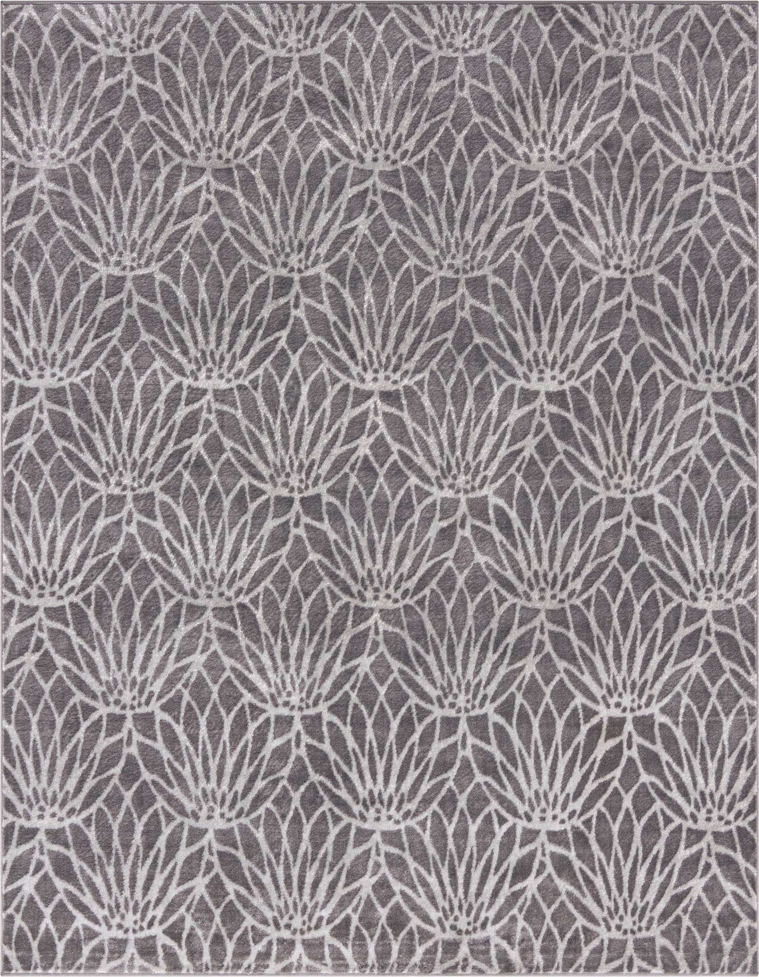 A square gray area rug with a repeating modern floral trellis pattern in silver-gray, featuring a textured pile.