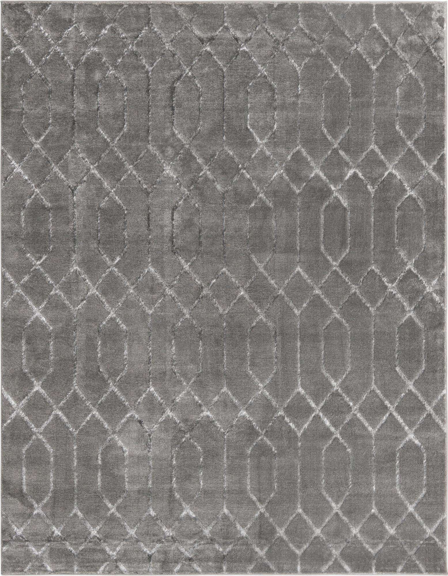 A 7' 10 x 7' 10 square gray area rug featuring a subtle, textured Hollywood glam trellis pattern.