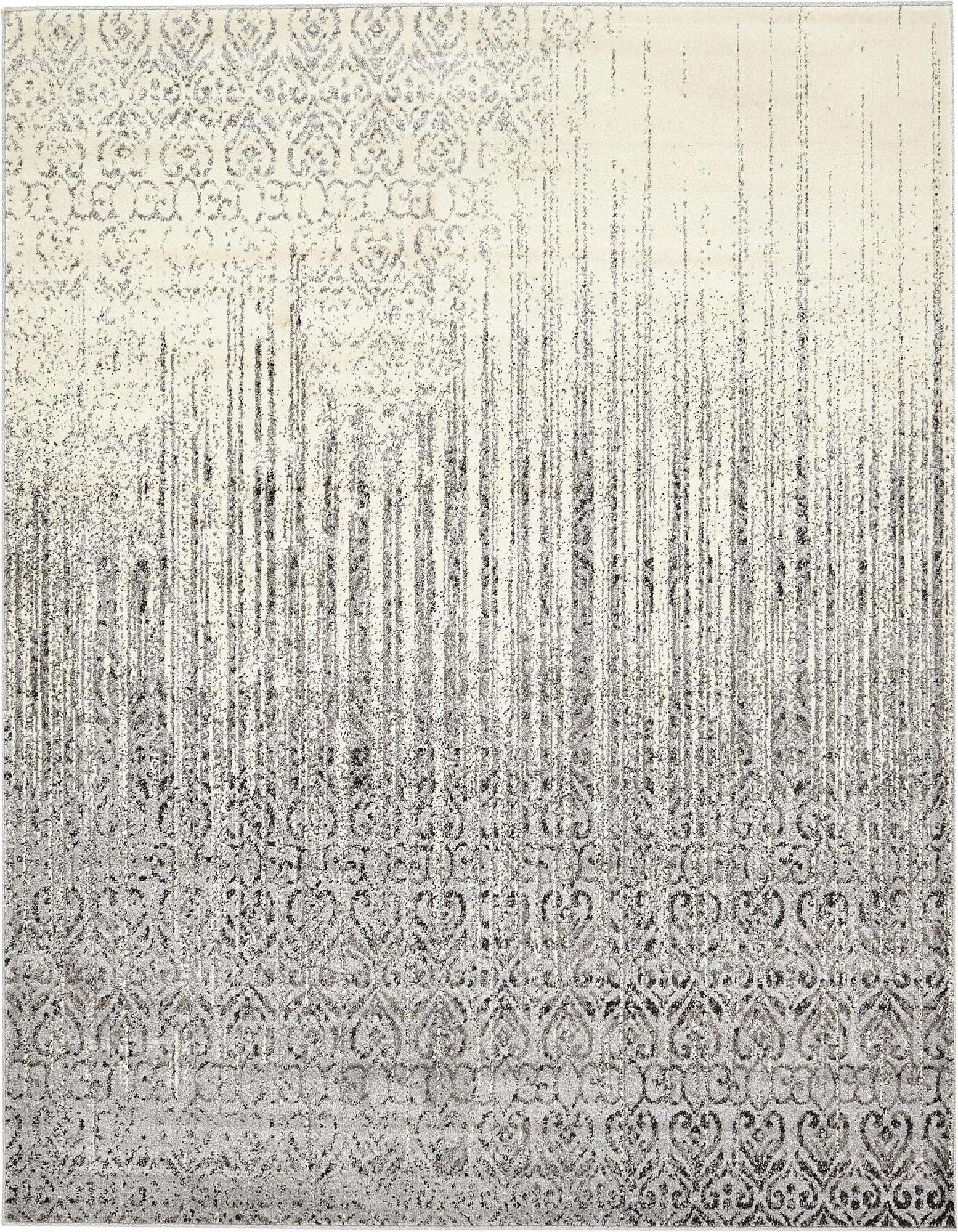 A 7' 10 x 7' 10 square gray and silver transitional rug with an abstract distressed pattern, featuring traditional motifs fading into vertical modern lines.