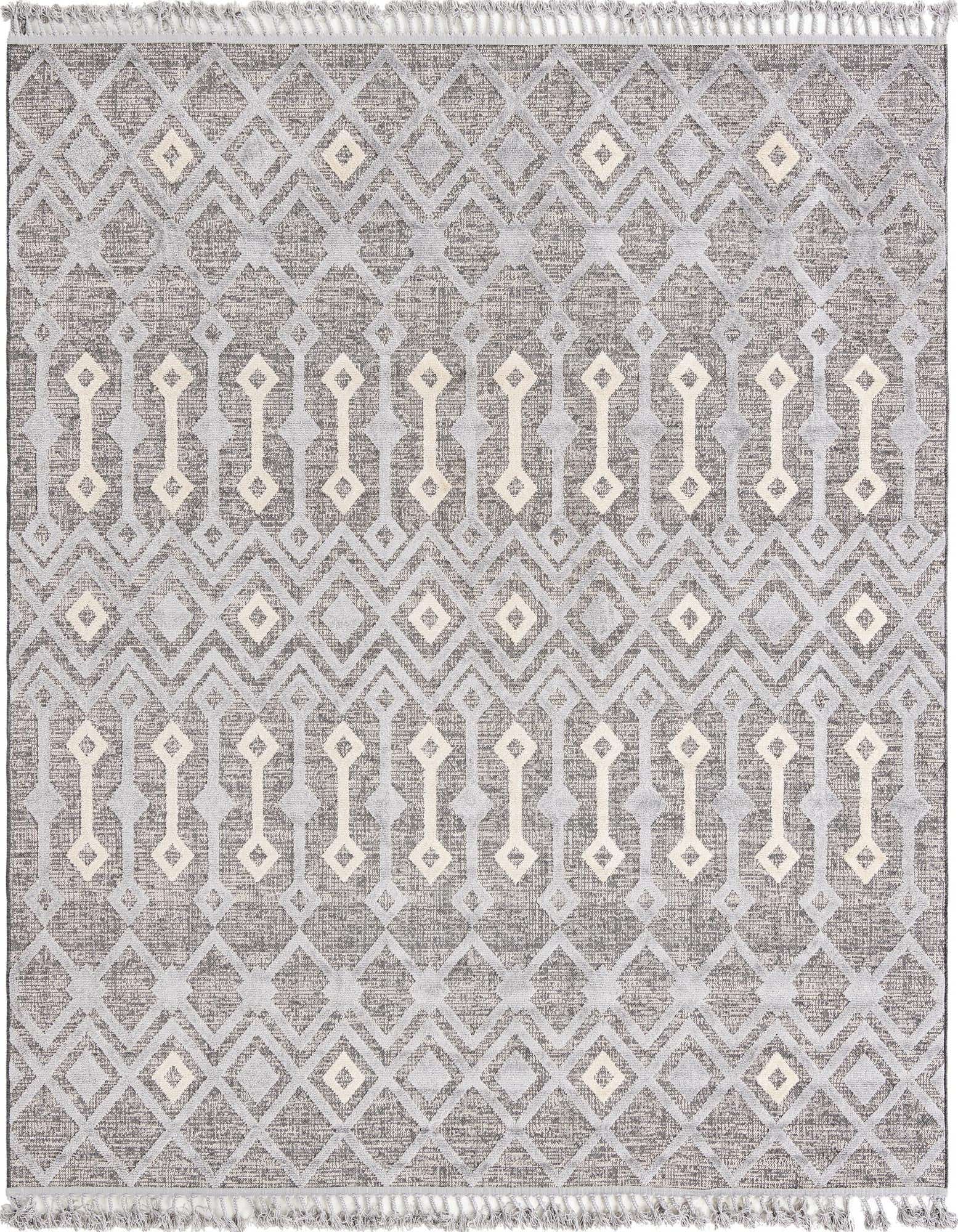 A square gray and silver tribal rug with a modern abstract pattern and high/low pile texture, featuring cream accents.