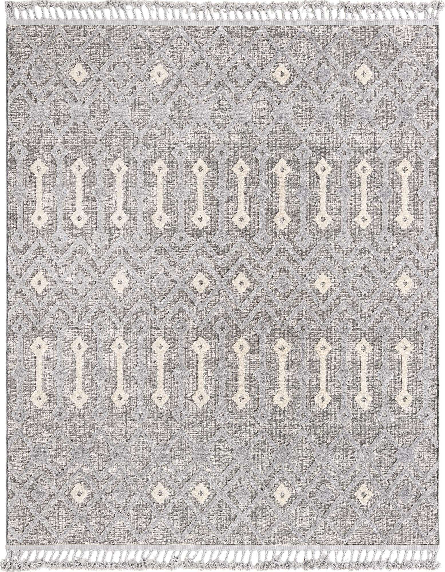 A 7' 10 x 7' 10 square gray tribal rug with a modern abstract pattern and high/low textured pile, featuring cream diamond and bar motifs.