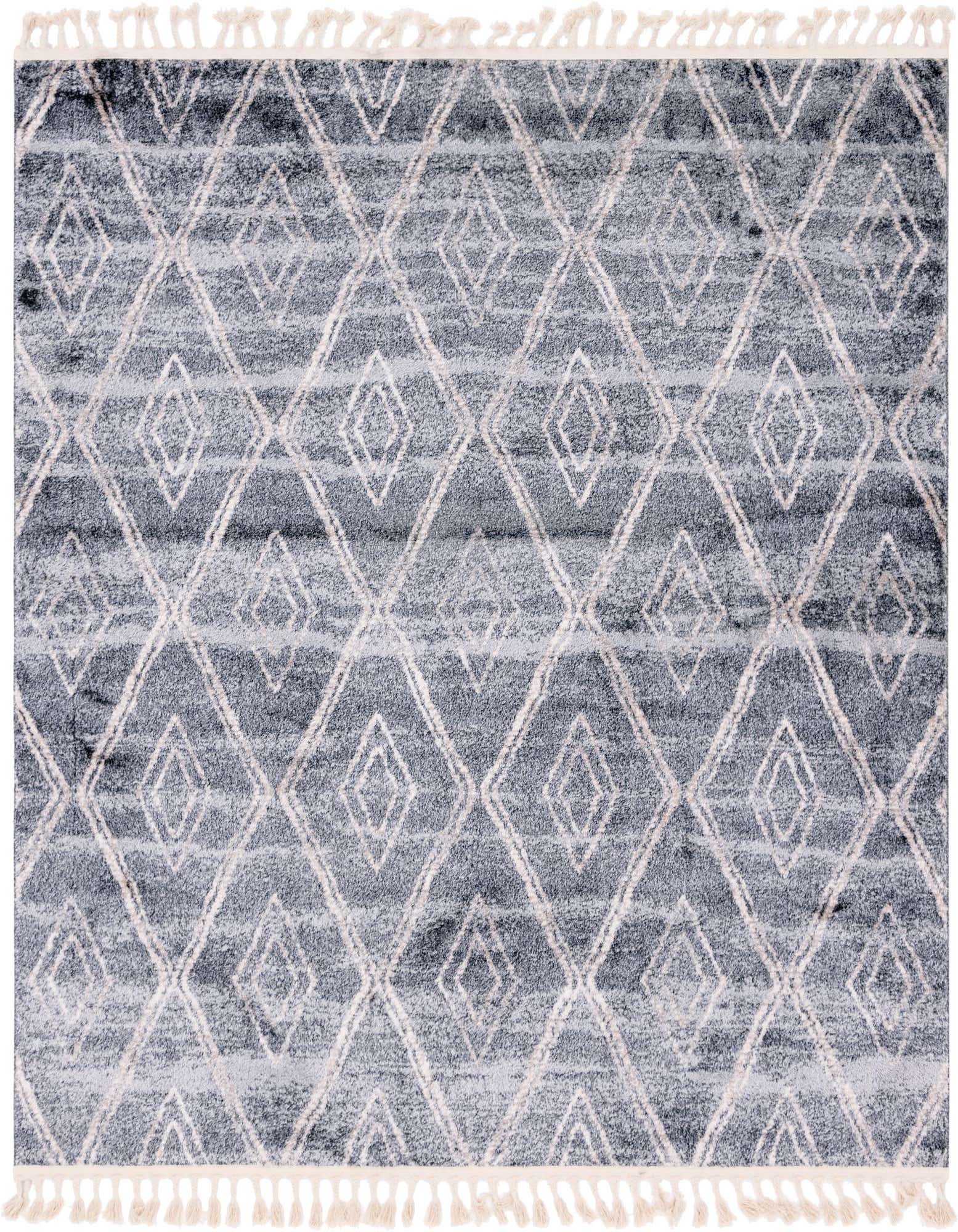 A 7' 7 x 7' 7 square gray area rug with a textured bohemian trellis pattern and white tassels.