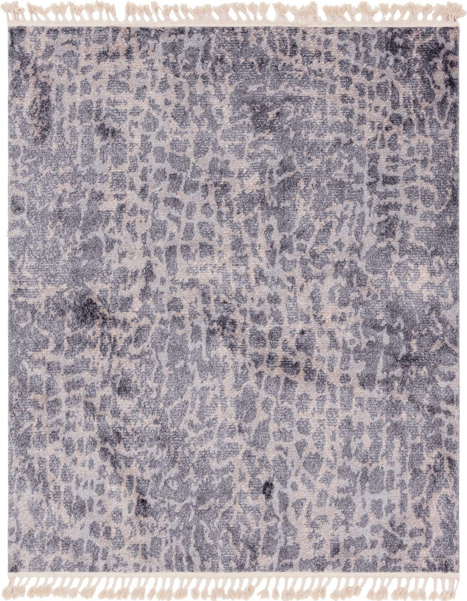A 7' 7 x 7' 7 square gray area rug with an abstract, textured pattern and short cream tassels.