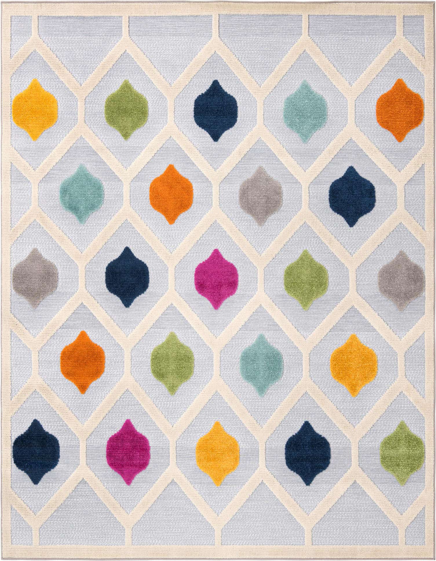 A square gray indoor/outdoor rug with a cream trellis pattern and colorful bohemian quatrefoil shapes in orange, blue, green, pink, and yellow.
