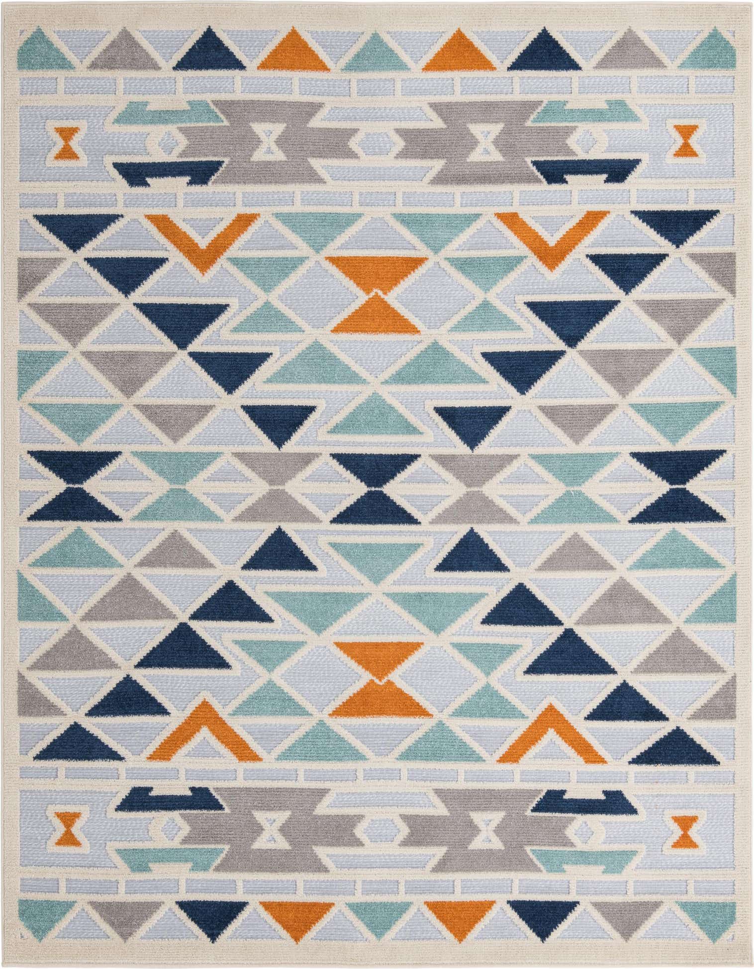 A square Rugs.com Aruba Outdoor rug featuring a vibrant tribal and geometric pattern in gray, silver, blue, teal, and orange on a light background.