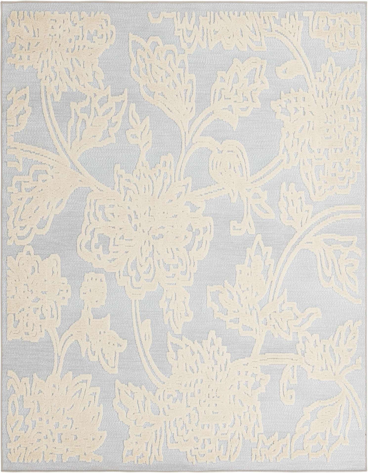 A light gray square indoor/outdoor rug with an off-white botanical floral pattern, suitable for a patio.