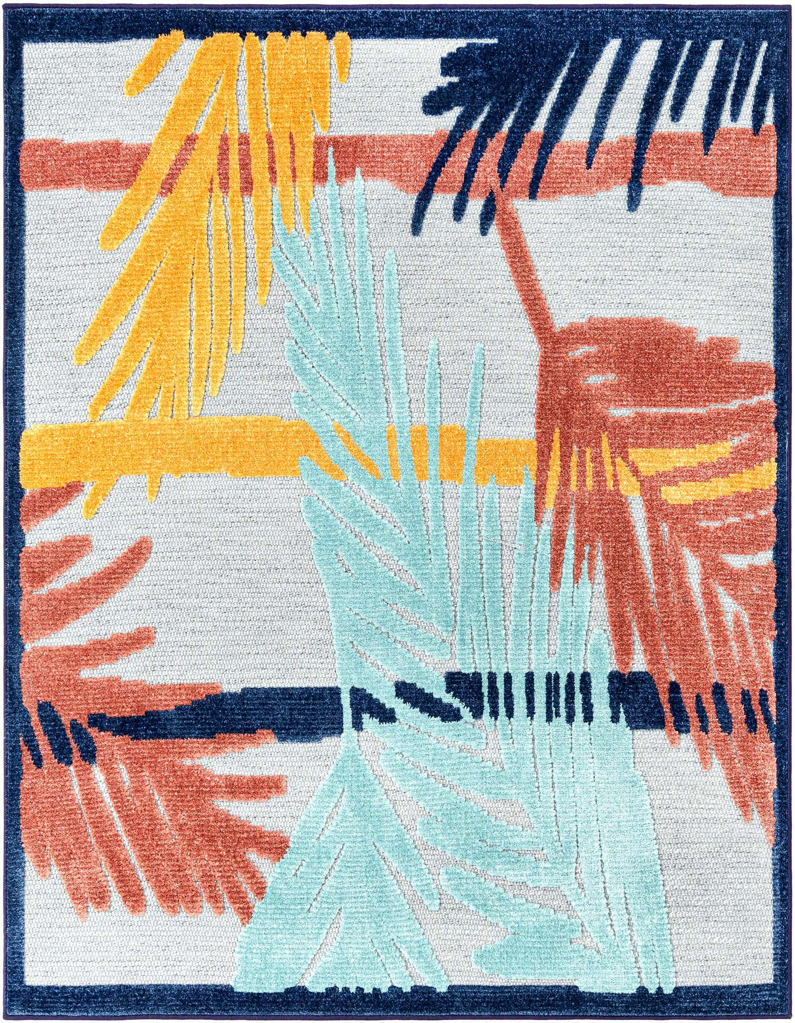 A 5'3" x 5'3" square gray indoor/outdoor rug with an abstract botanical pattern featuring large teal, orange, and yellow palm fronds.