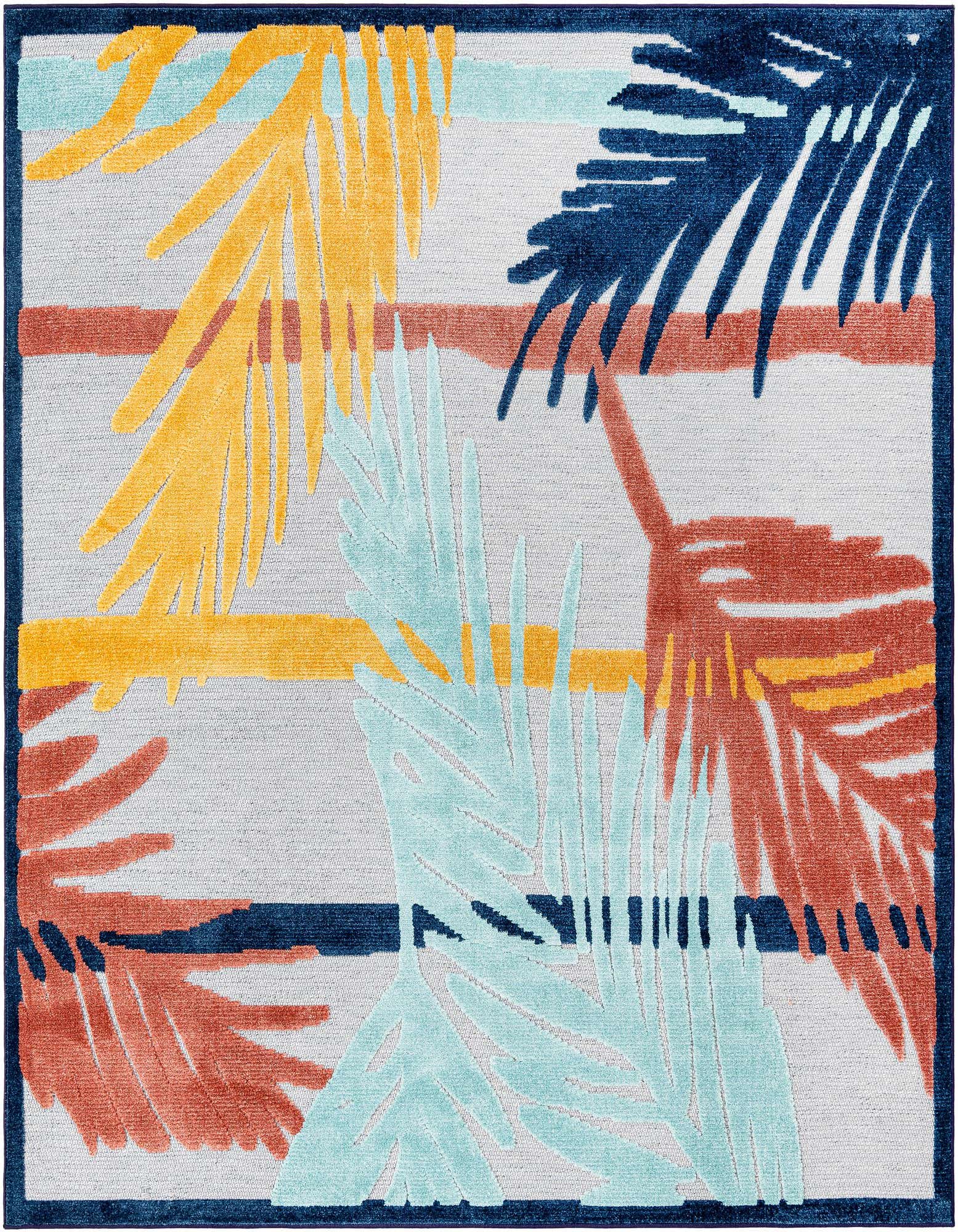 A square 7'10" x 7'10" gray indoor/outdoor rug with a modern coastal pattern of large palm fronds in teal, rust, yellow, and navy blue.