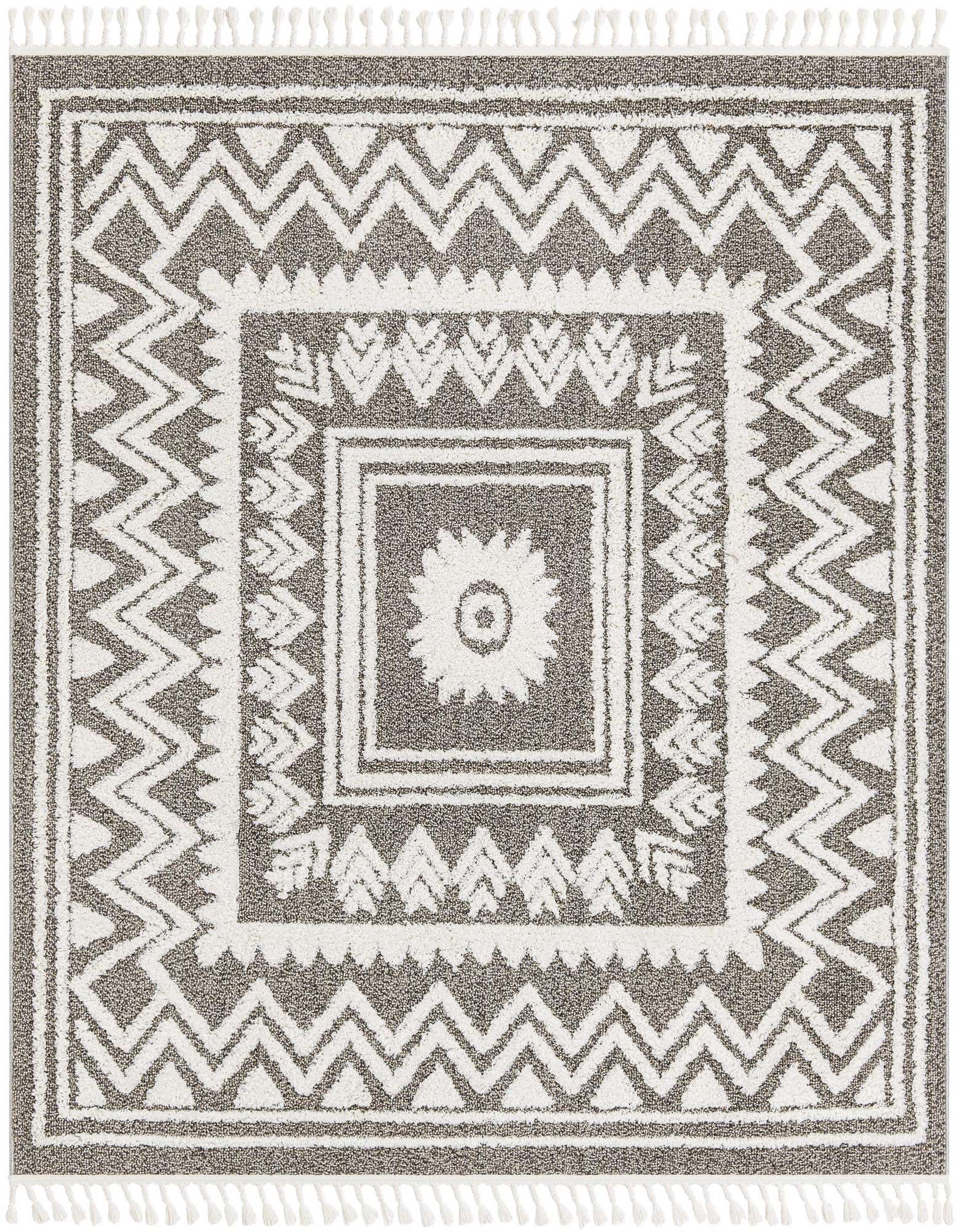 A 7' 10 x 7' 10 square gray and white Southwestern rug with tribal patterns and a central medallion.