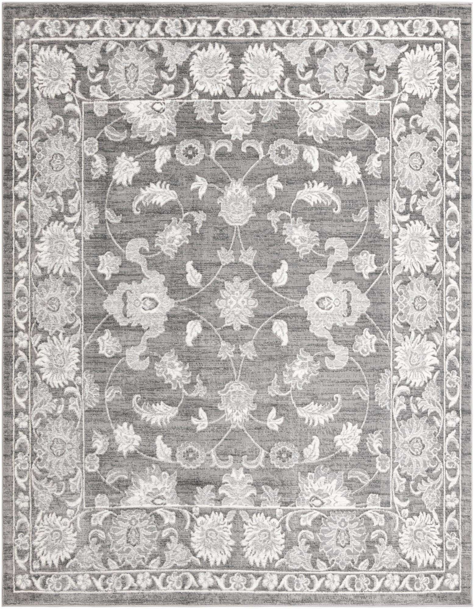 A 10'x10' square gray area rug with an intricate light gray and white floral medallion pattern and a decorative border.