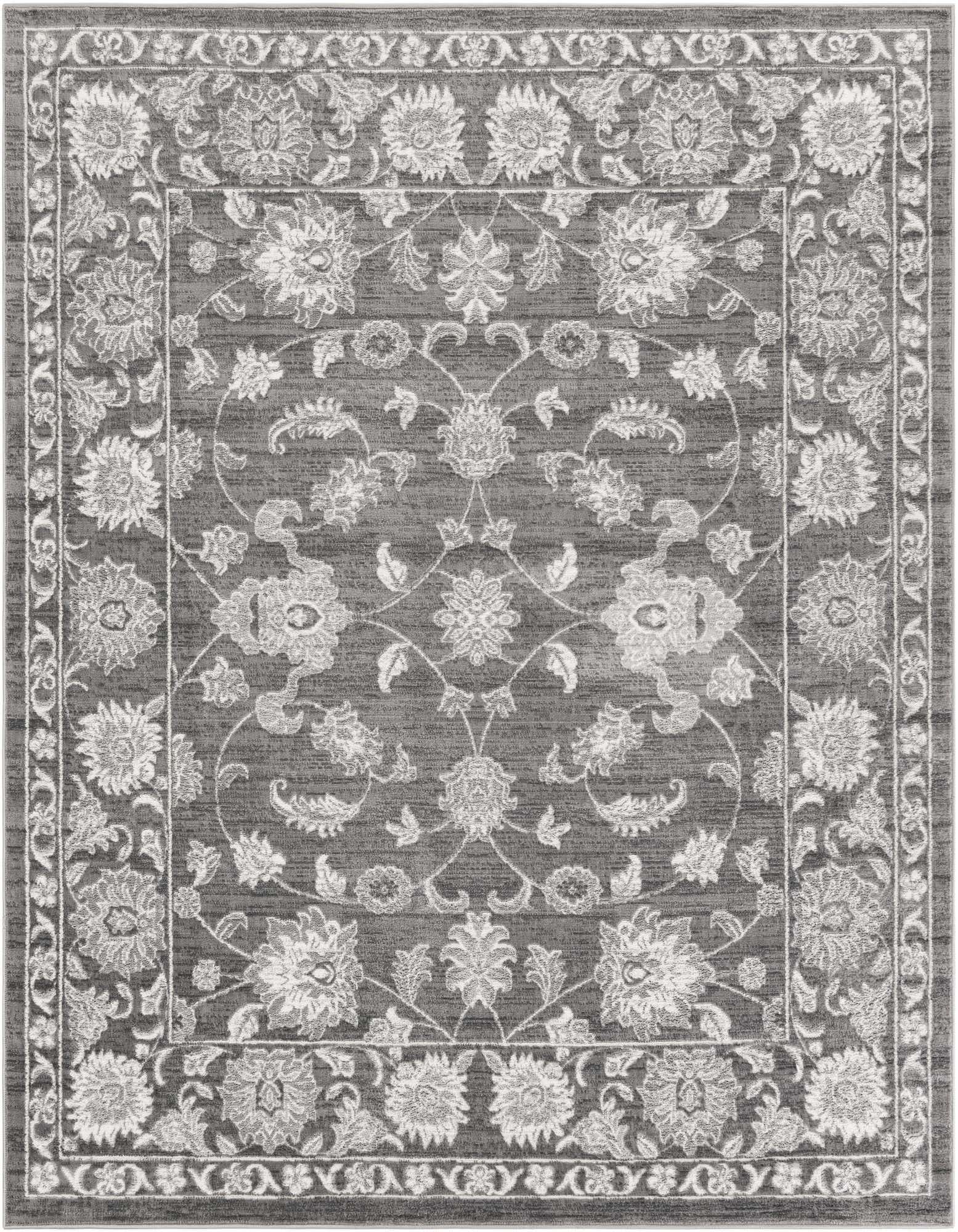 A 7' 10 x 7' 10 square gray modern floral area rug with a detailed border and textured pile.