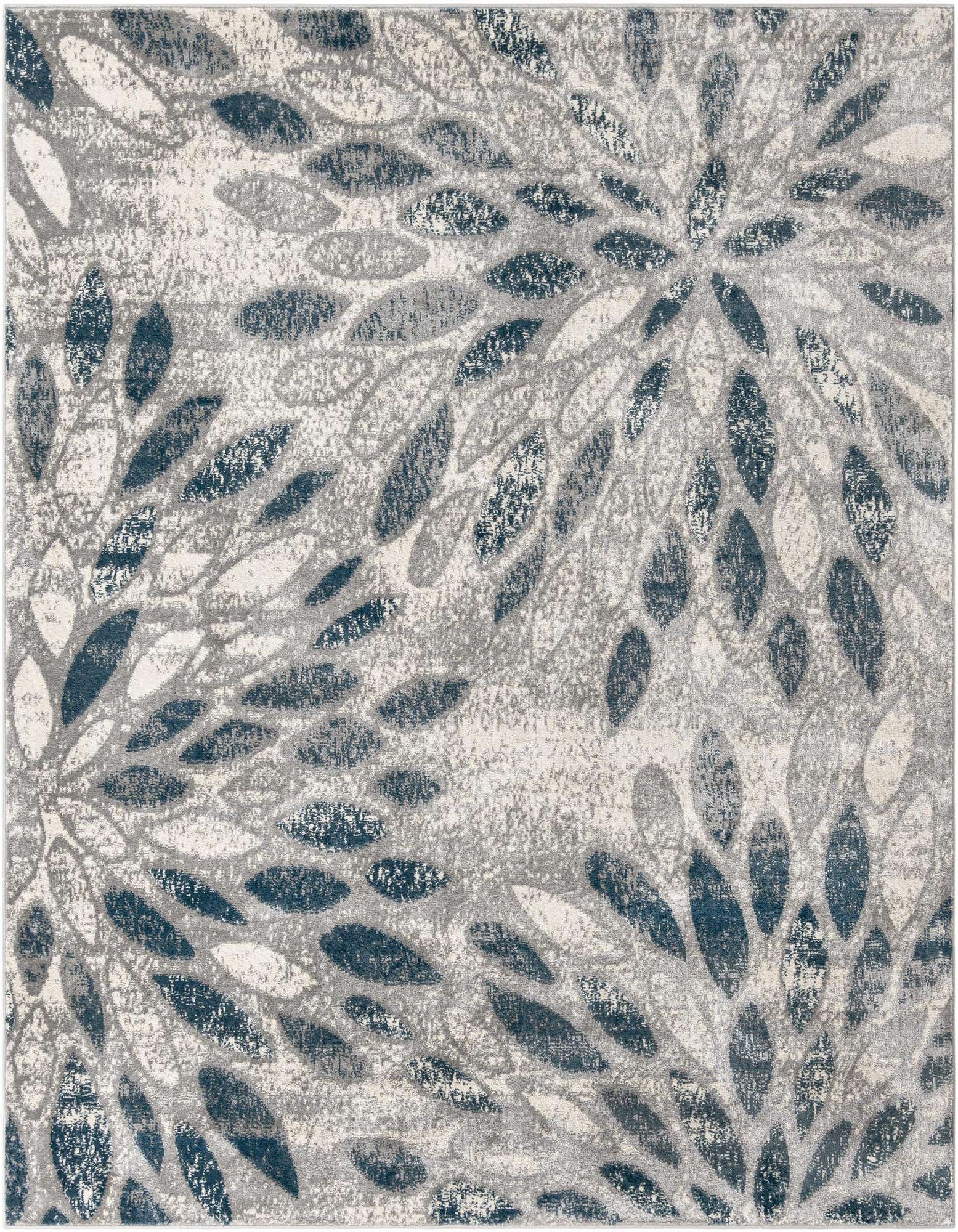 A square 8' x 8' Charleston Collection rug featuring a modern floral pattern in shades of gray, silver, and dark blue on a light background.