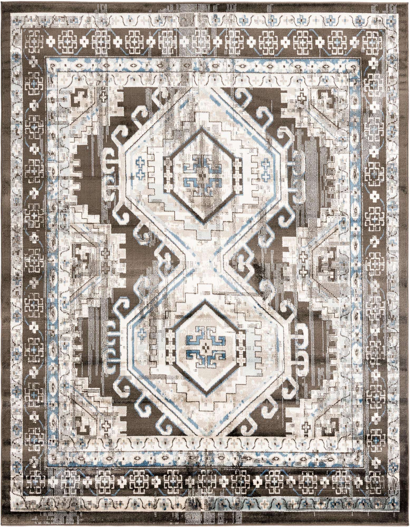 A square 7' 10 x 7' 10 Charlotte Collection rug featuring a traditional tribal pattern in shades of gray, silver, and light blue.