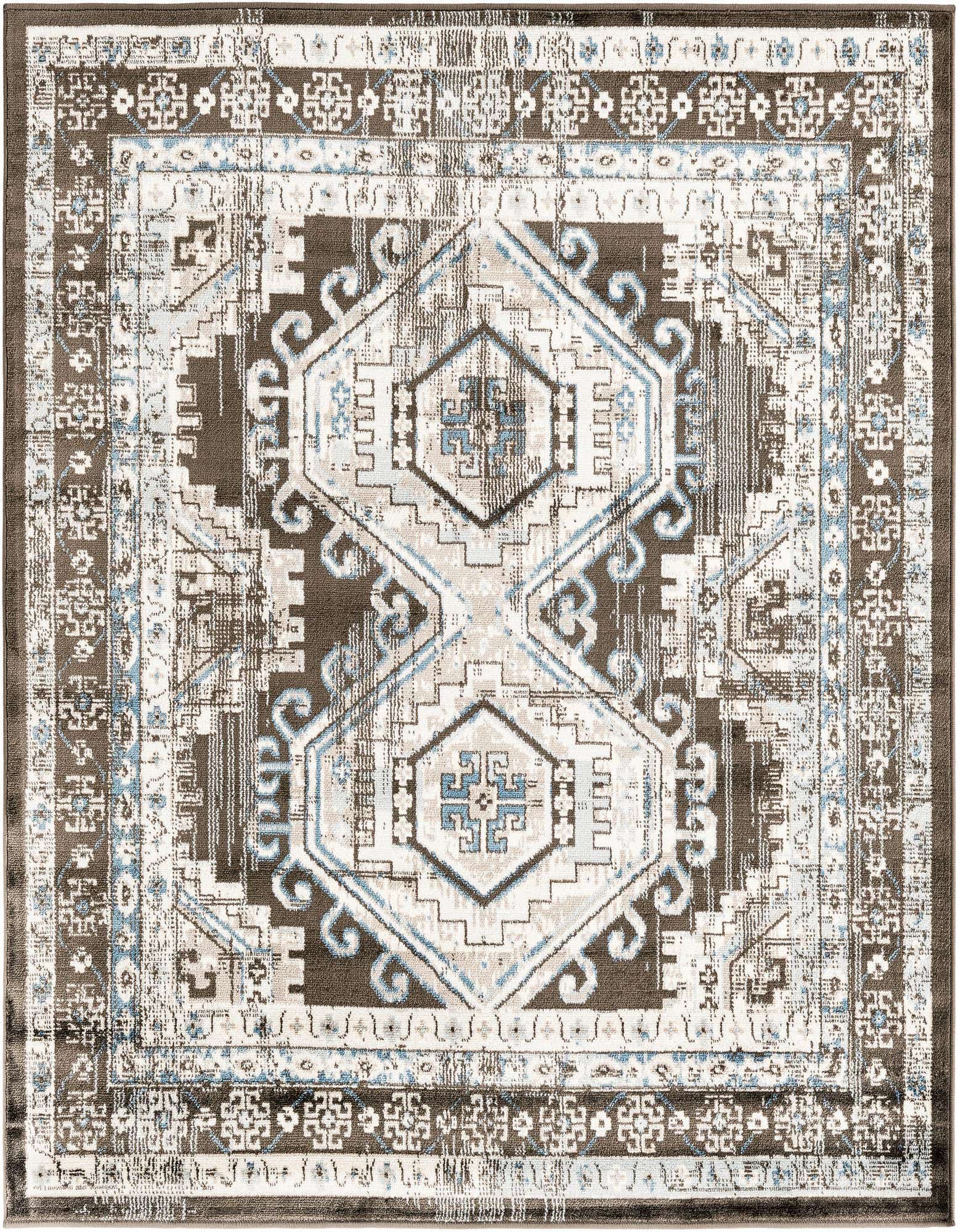 A 5' 3 x 5' 3 square gray and white traditional tribal rug with distressed blue accents and a patterned border.