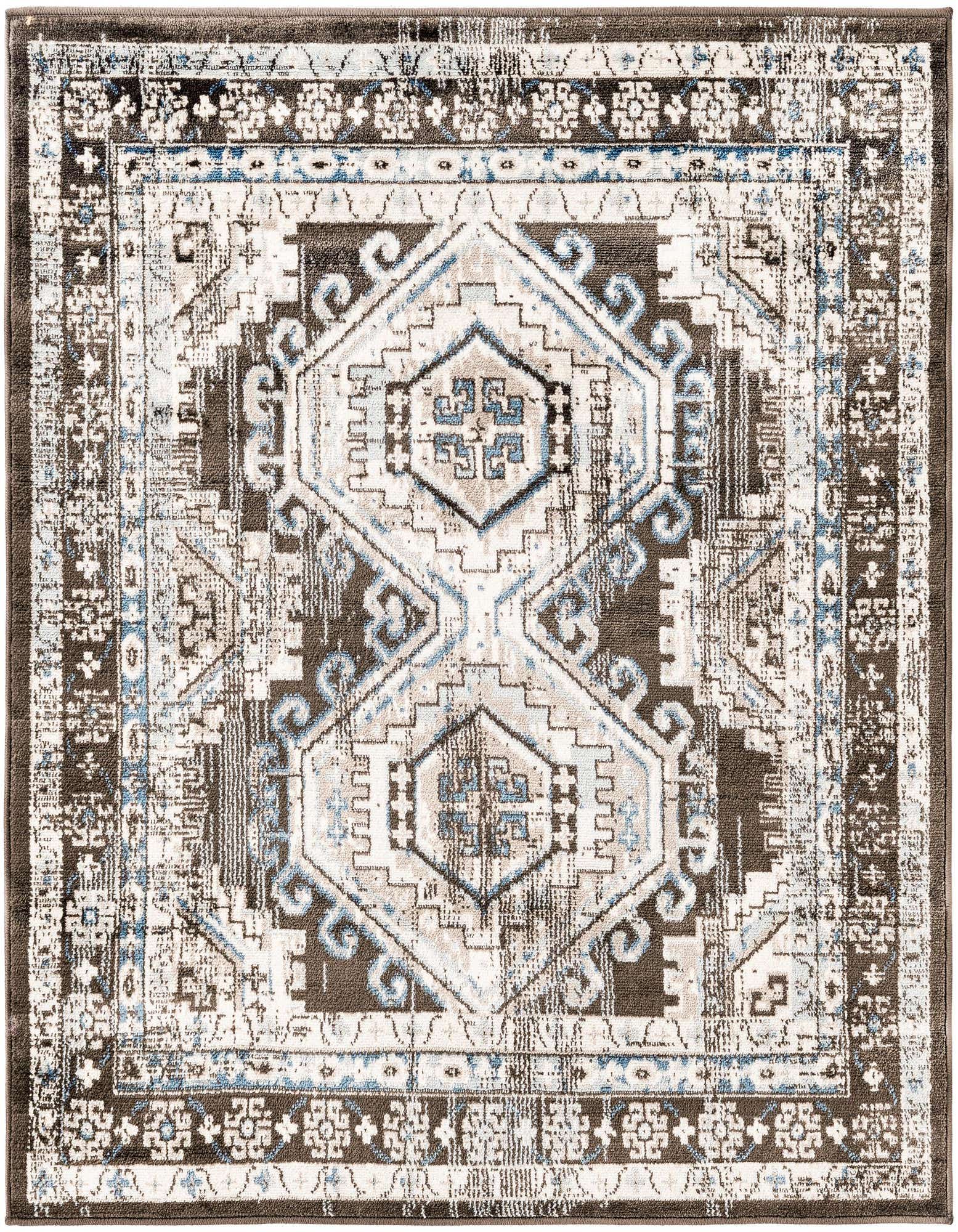 A square 4'x4' Rugs.com Charlotte rug featuring a distressed traditional tribal pattern in grays, silvers, and hints of blue.