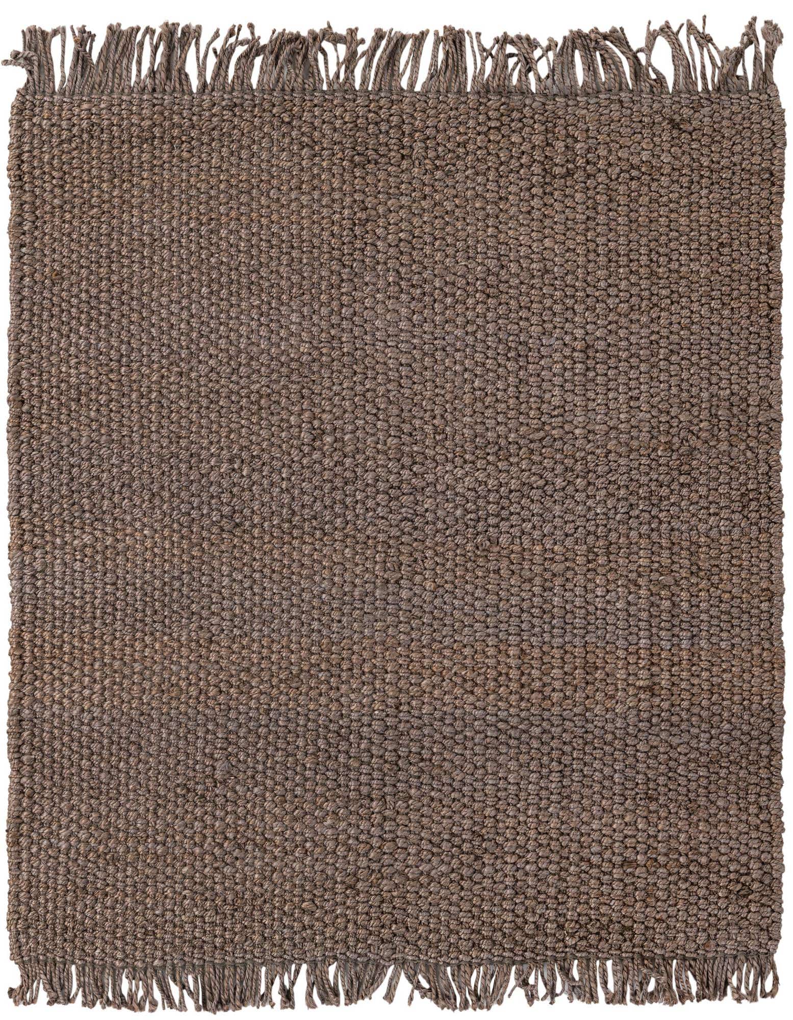 A 5' 1 x 5' 1 square gray jute rug with a modern, natural, solid design and textured, high pile, featuring fringe on two sides.