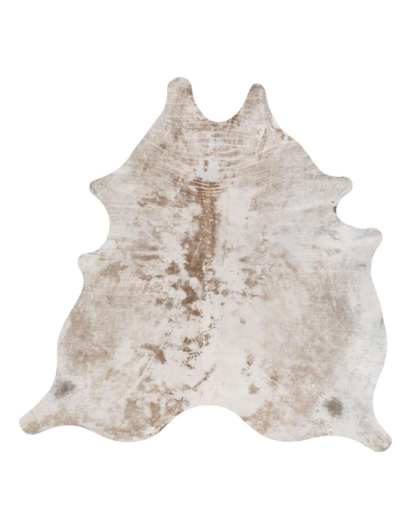 A 6' 10 x 7' 4 square gray and silver cowhide rug with an organic, natural shape and textured flat pile.