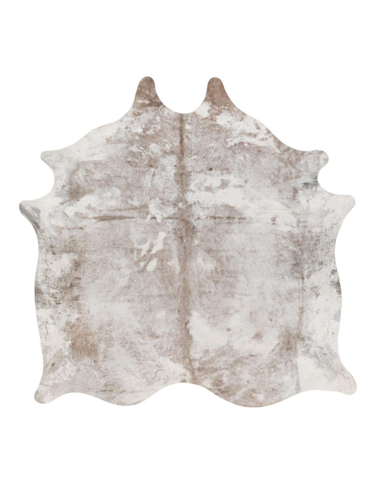 A 6' 6 x 7' 3 square cowhide rug in shades of gray and silver with a natural, irregular shape.
