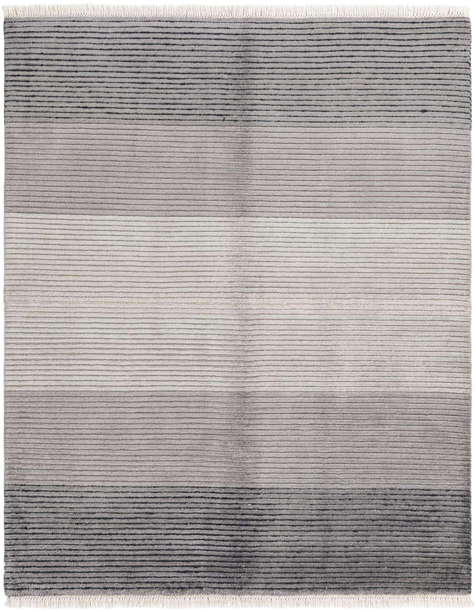 A square 4'11" x 5'1" Darya rug featuring horizontal stripes in varying shades of gray, with a high pile and fringe.