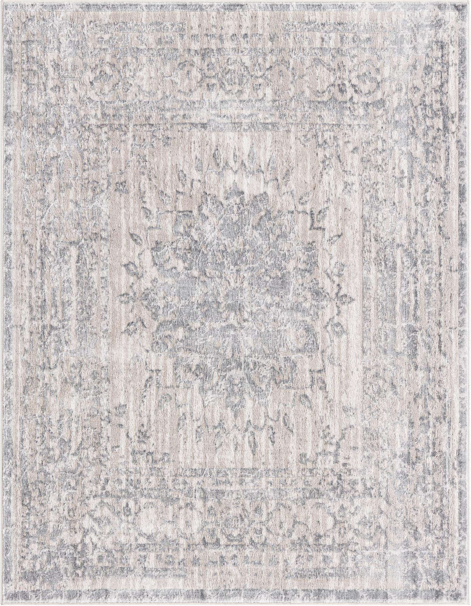 A 5' 3 x 5' 3 square gray traditional rug with a distressed vintage medallion pattern and high/low textured pile.