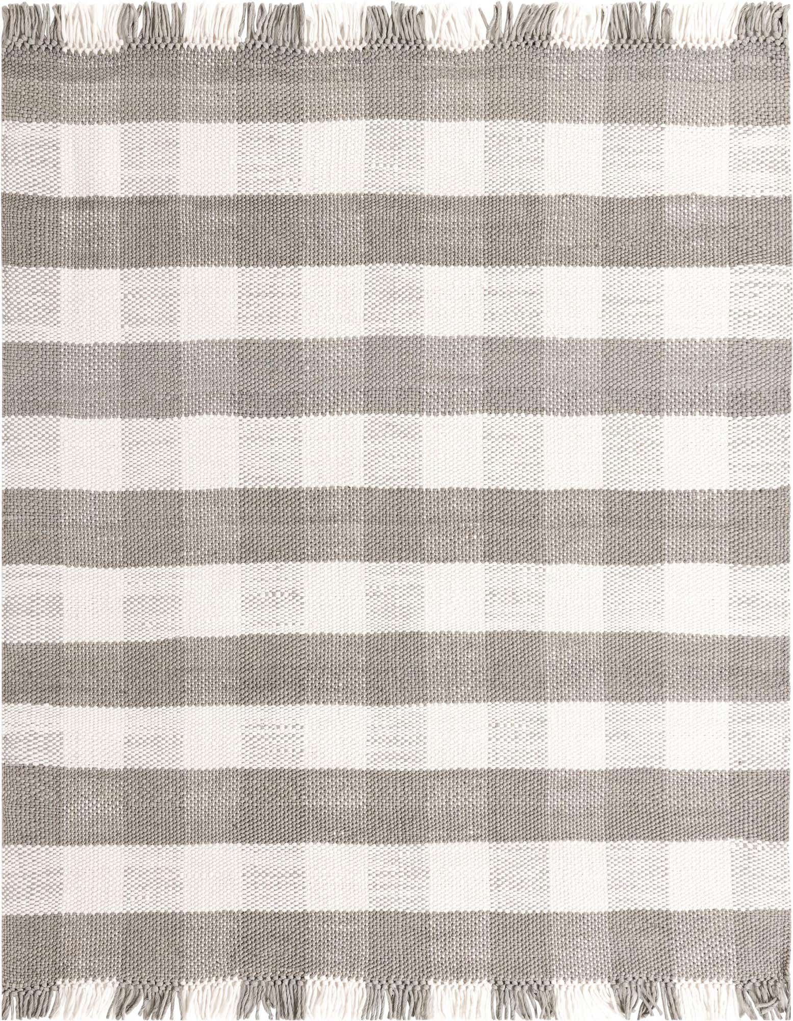 A 7' 10 x 7' 10 square gray and white gingham plaid rug with fringe, suitable for indoor or outdoor use.