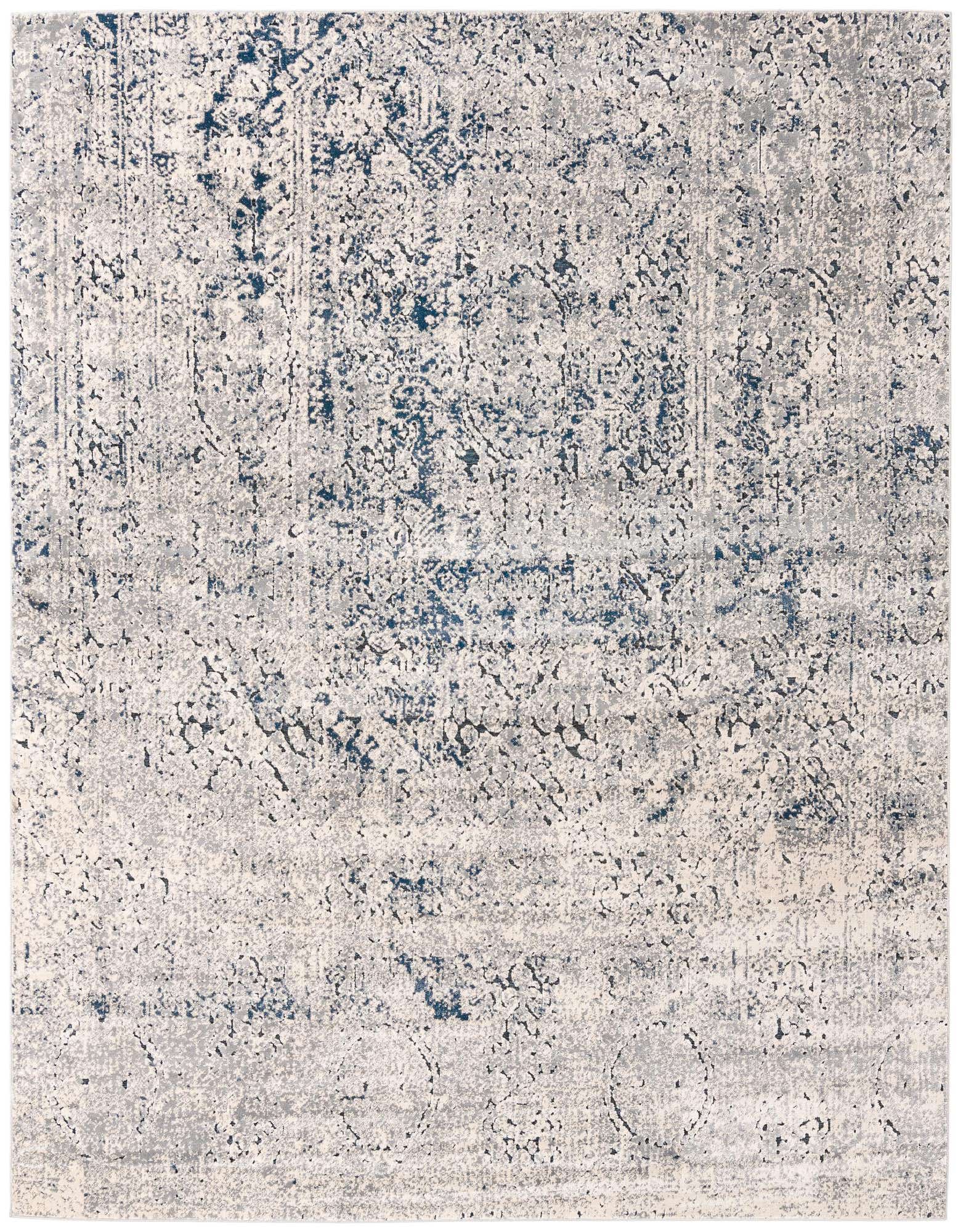 A square 7' 0 x 7' 0 Eliza Collection rug in grays and silvers with a distressed traditional medallion pattern.
