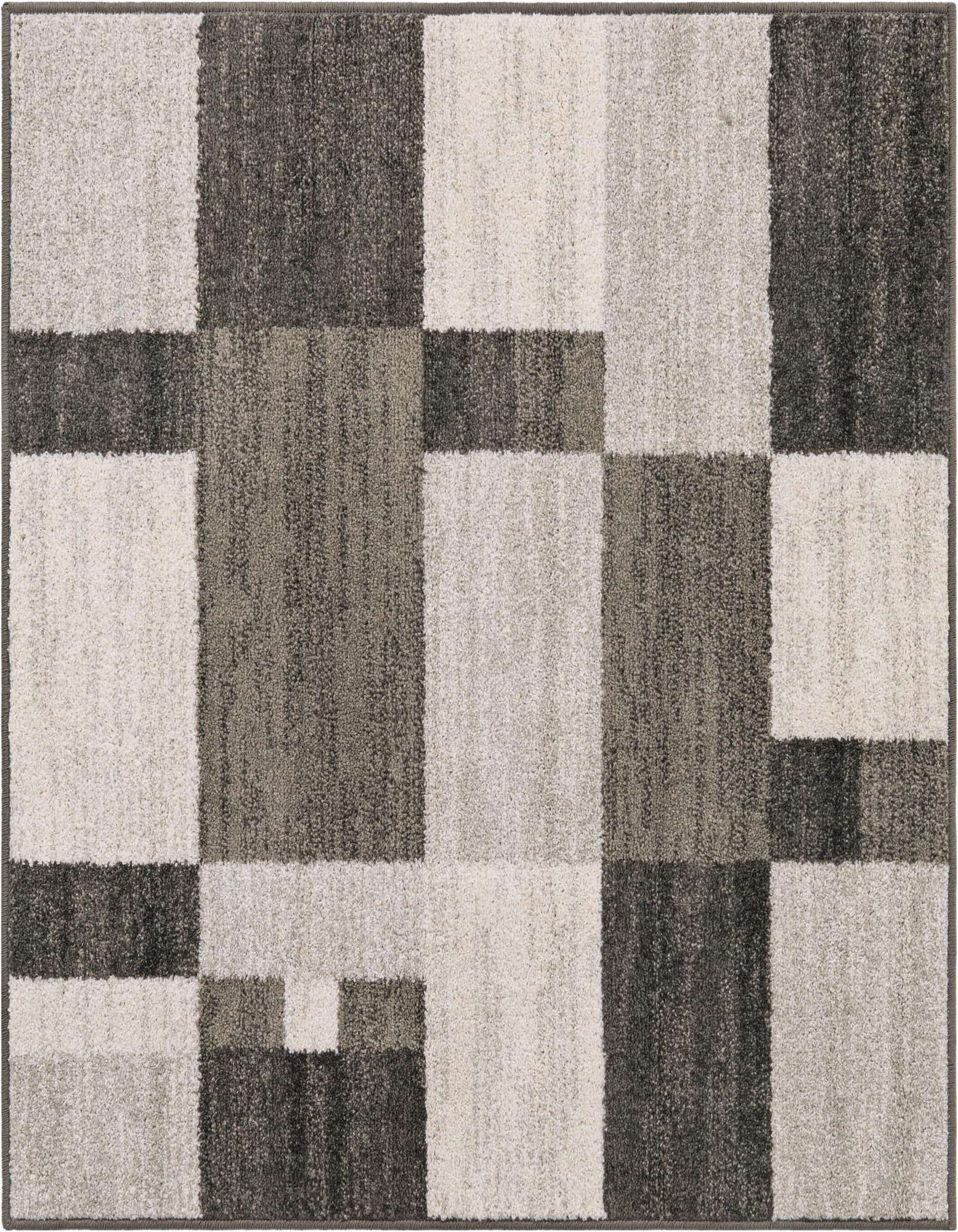 A square modern area rug featuring a geometric block pattern in varying shades of gray and silver.