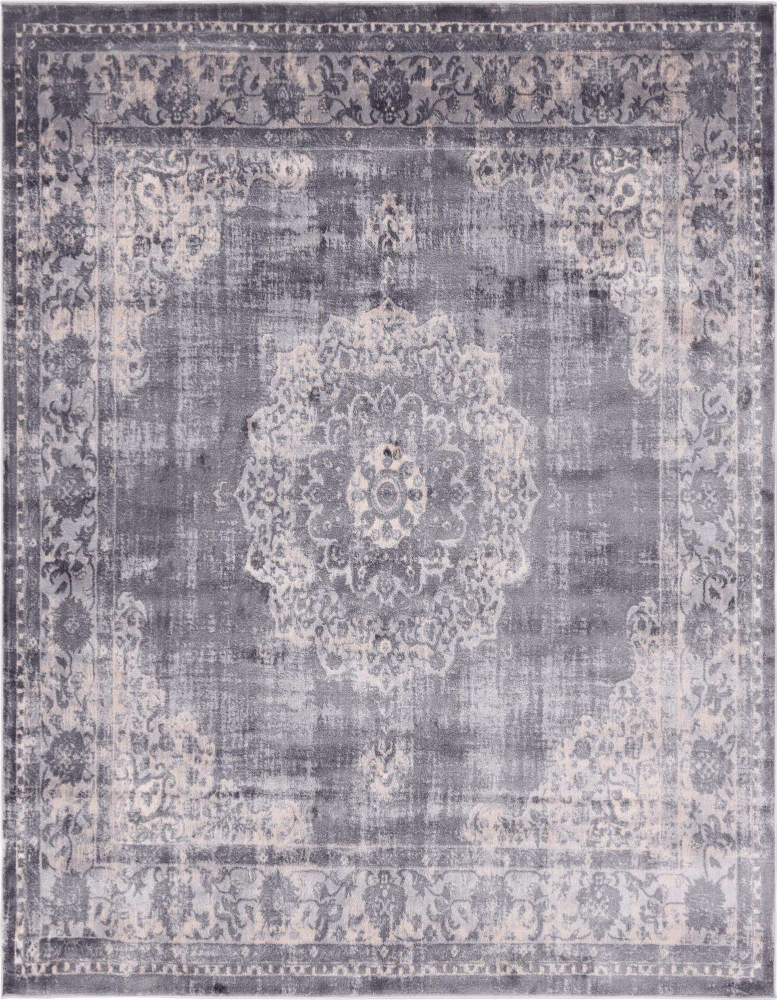 A square 7' 10 x 7' 10 gray area rug with a faded traditional medallion pattern in lighter gray and cream tones.